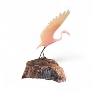 Vintage John Perry Studio Pink Flamingo Sculpture, Resin on Burl Wood, Signed.